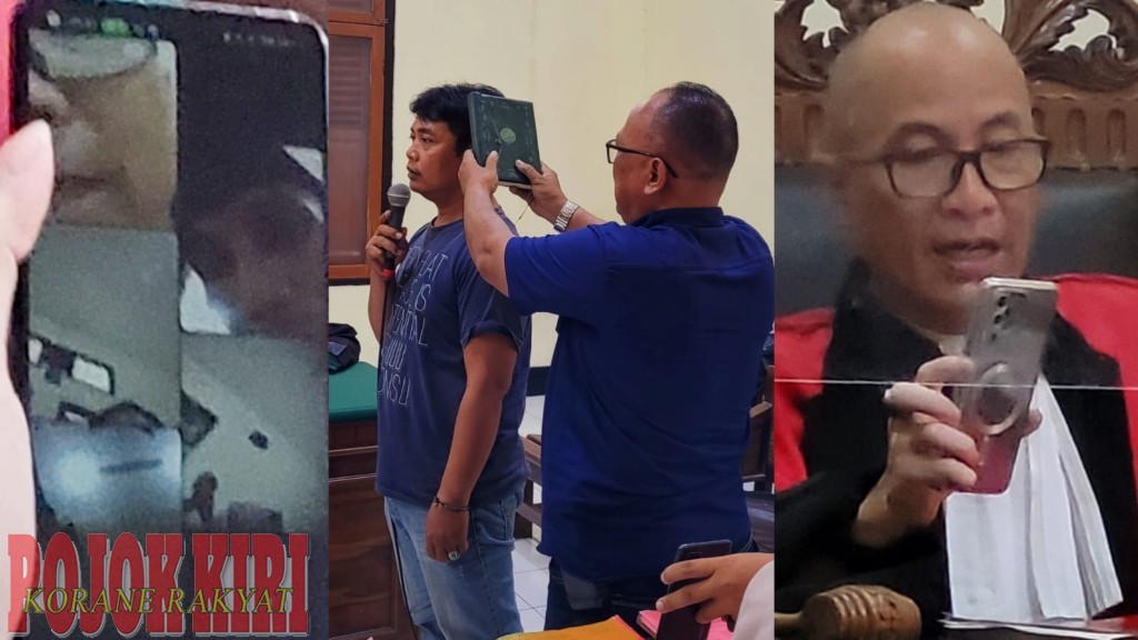 Foto : Terdakwa Subagio dan Zainudin ( kiri), saksi polisi Ifit Karimudin yang disumpah bukan oleh PP, (tengah), Ketua Majelis Hakim Alex Adam Faisal (kanan), agenda sidang Dakwaan, saksi, pemeriksaan terdakwa, diruang Garuda 1 PN.Surabaya, Selasa (23/04/2024).